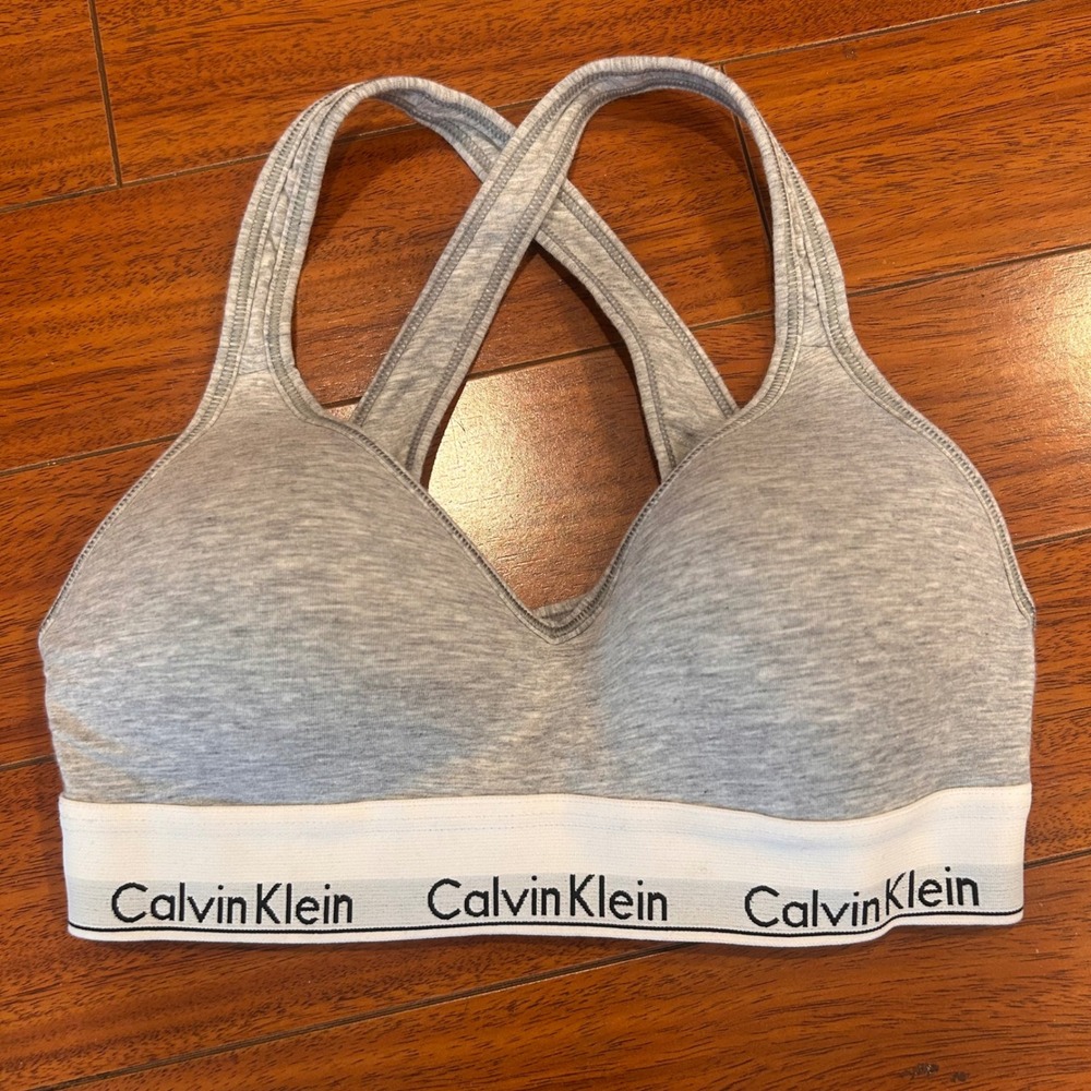 Calvin Klein Modern Cotton Crossback Bralette Gray Logo Band Padded Small